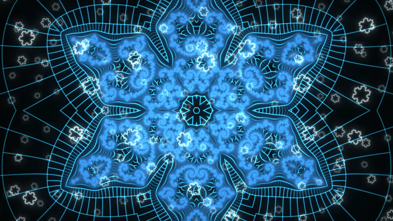 Frost: a six-armed ice-blue crystal made from a Julia set, with Koch snowflakes falling in front