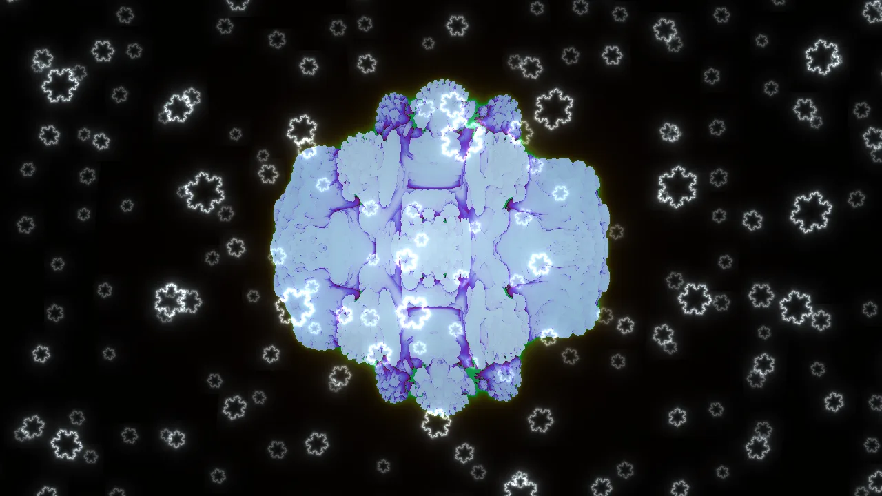 Snow Globe: an icy blue 3D Mandelbulb on black, with Koch snowflakes falling around it