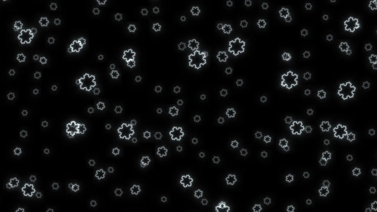 Snowfall: white Koch snowflakes of different sizes falling on a black background