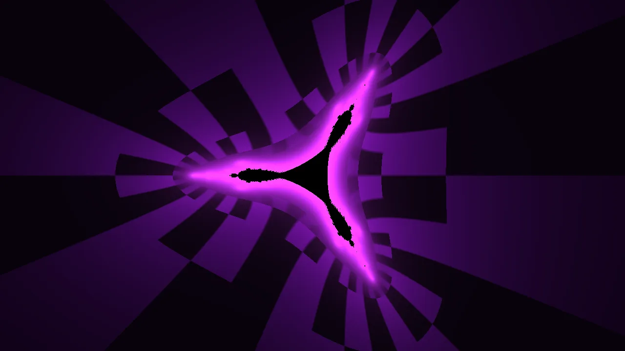 Haunted: purple and black cells spiralling in on the glowing three-armed Tricorn