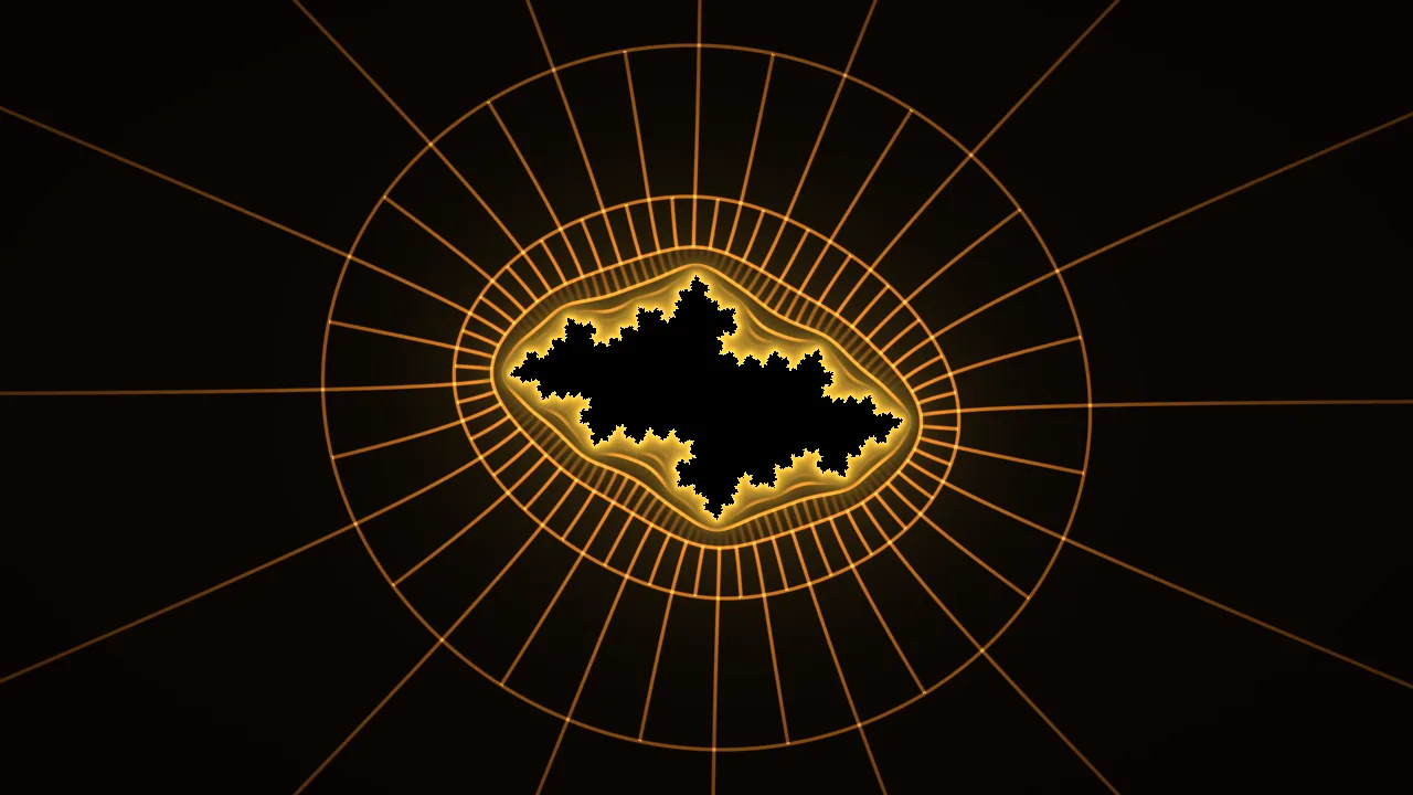 Spider Web: orange threads and rings closing in on a black Julia set, on a dark background