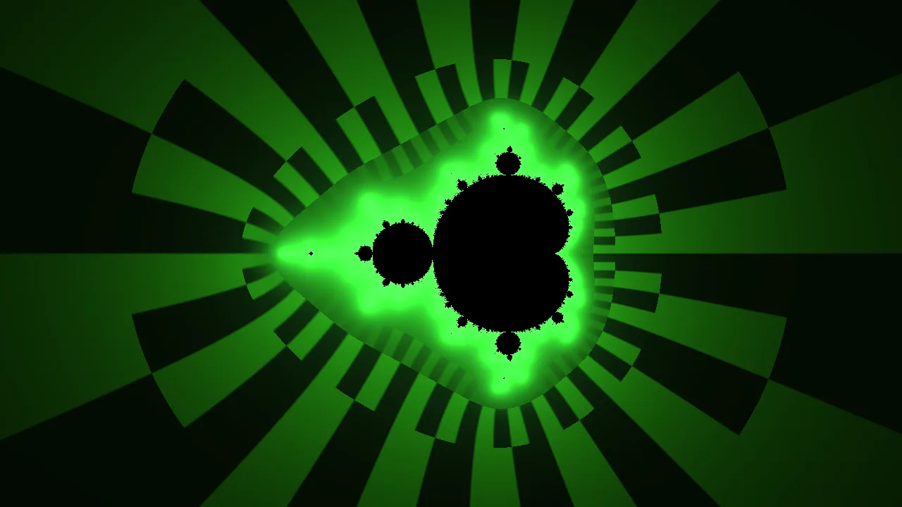 Witch’s Brew: a black Mandelbrot set with a green glow, inside a sunburst of light and dark green cells